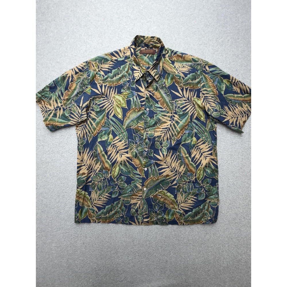 Tori Richard Shirt Mens Large Blue Tropical Leaf Hawaiian Short Sleeve Button